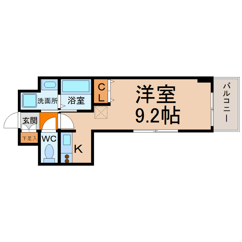 プレサンス上前津リラクシア  間取図　洋室9.2帖　脱衣洗面所　バルコニー