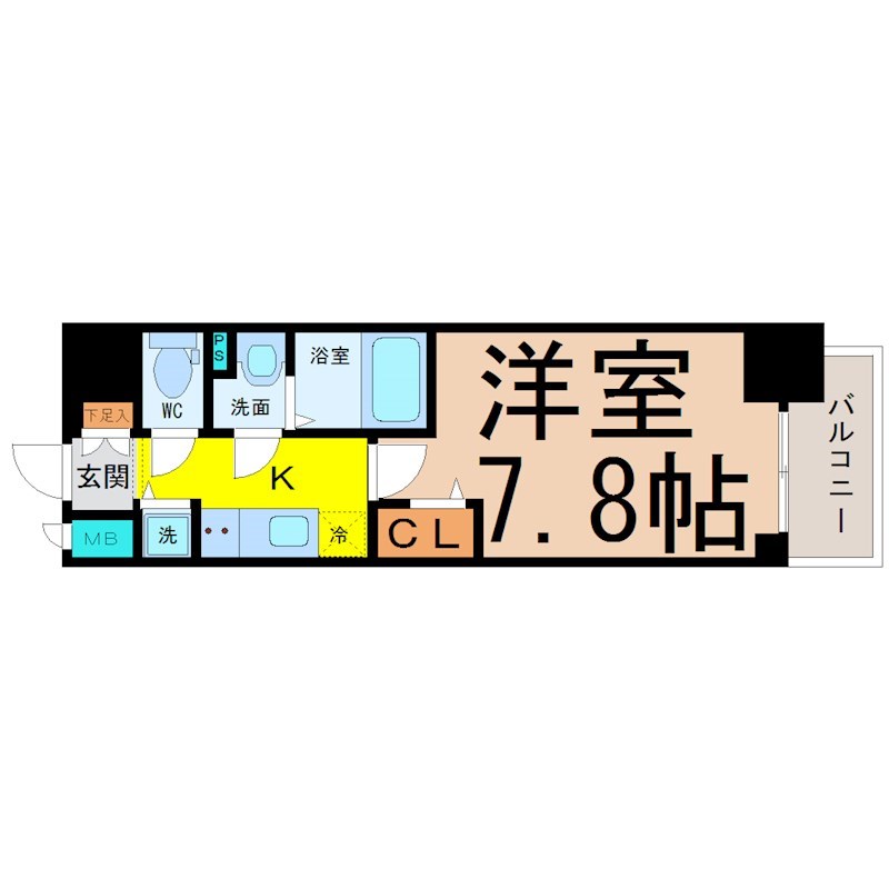 プレサンス丸の内雅殿 間取図　洋室7.8帖　脱衣洗面所　バルコニー