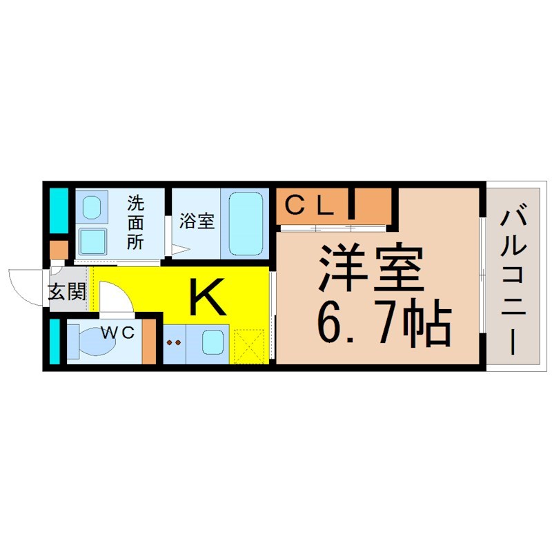リシュドール伝馬 間取図　洋室6.7帖　脱衣洗面所　南面バルコニー