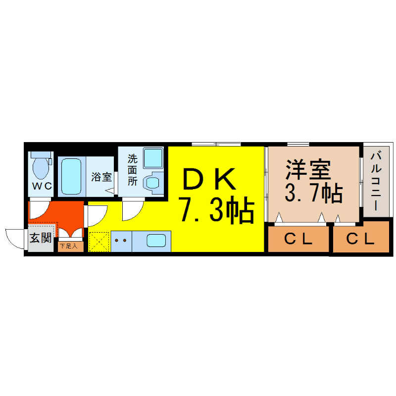 グランフェリーチェ 間取図　ＤＫ7.3帖　洋室3.7帖　脱衣洗面所　バルコニー