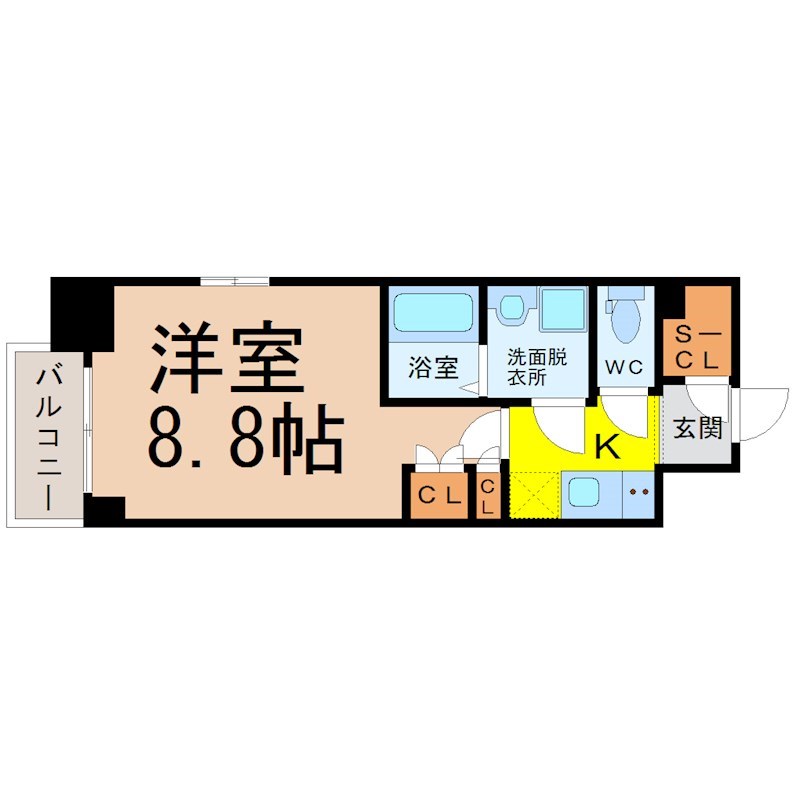 アデグランツ上前津 間取図　洋室8.8帖　脱衣洗面所　クローゼット付　バルコニー