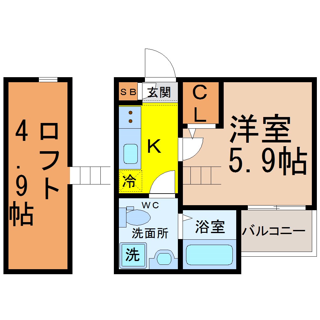 ＷｉｎｇＧａｒｄｅｎ千種（ウィングガーデン千種） 間取図　洋室5.9帖　ロフト4.9帖　南面バルコニー