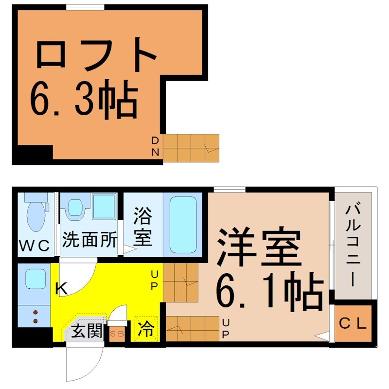 グリーンハイツ伝馬 間取図　洋室6.1帖　ロフト6.3帖　脱衣洗面所　バルコニー