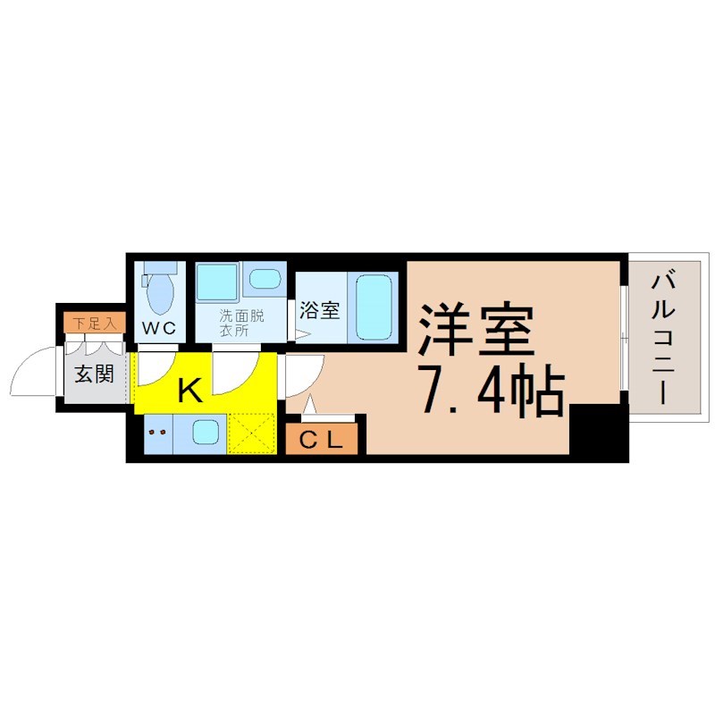 エスリード金山プルミエ 間取図　洋室7.4帖　脱衣洗面所　クローゼット付