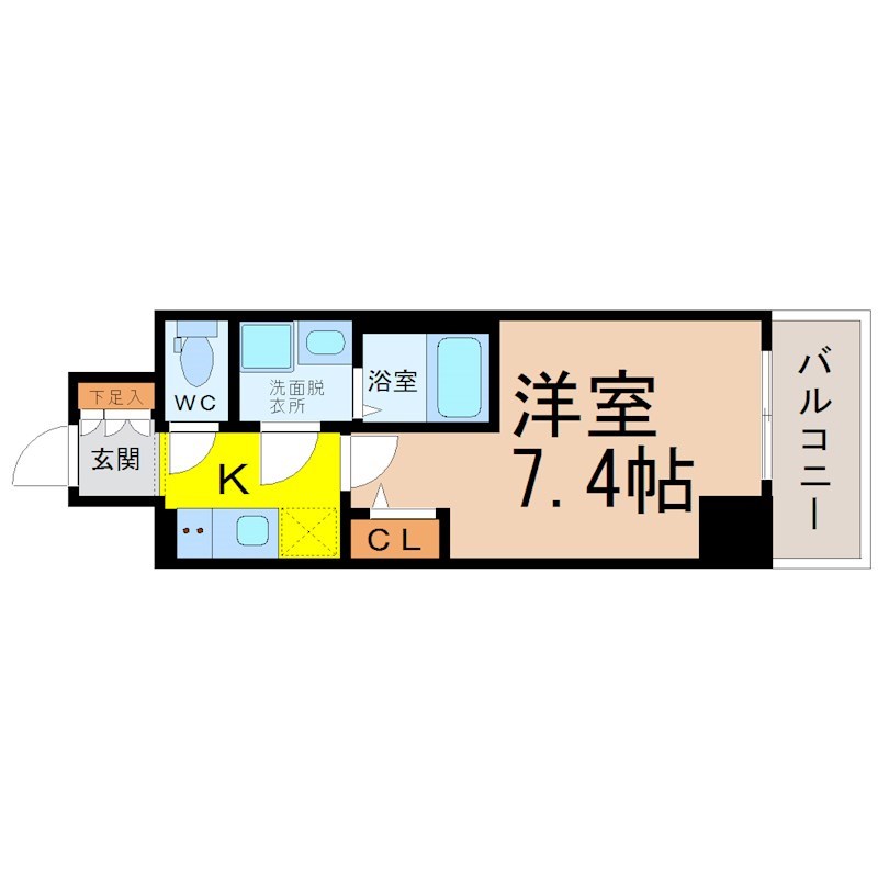 エスリード金山プルミエ 間取図　洋室7.4帖　脱衣洗面所　クローゼット付