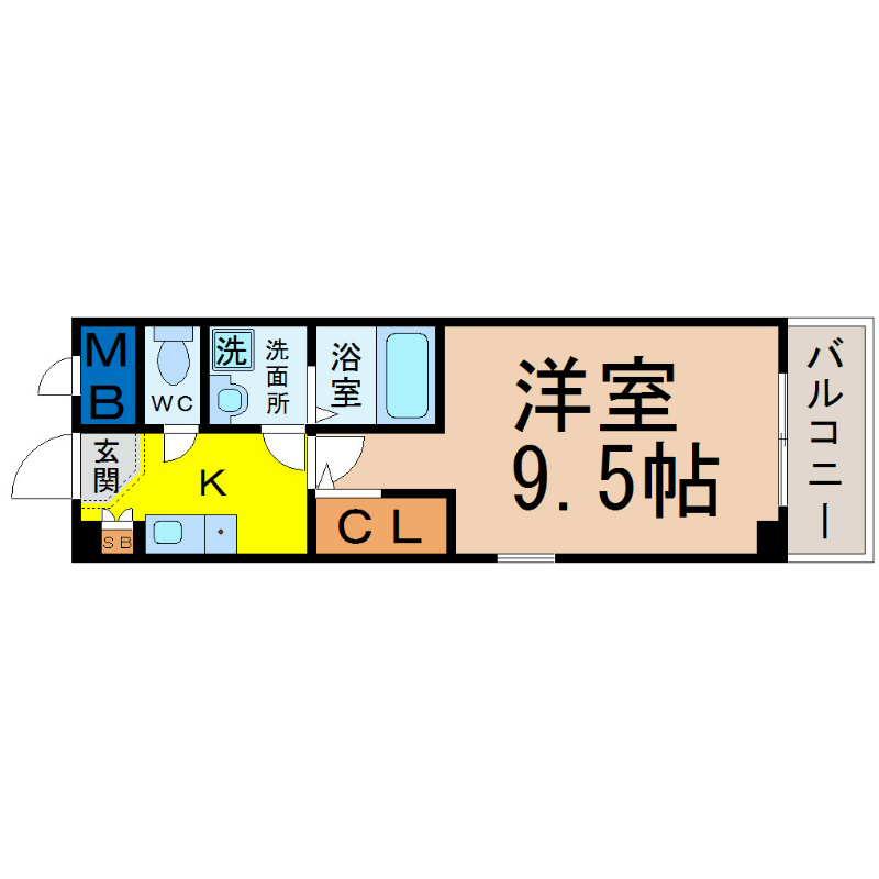 ホワイトキューブ 間取図　洋室9.5帖　脱衣洗面所　南面バルコニー