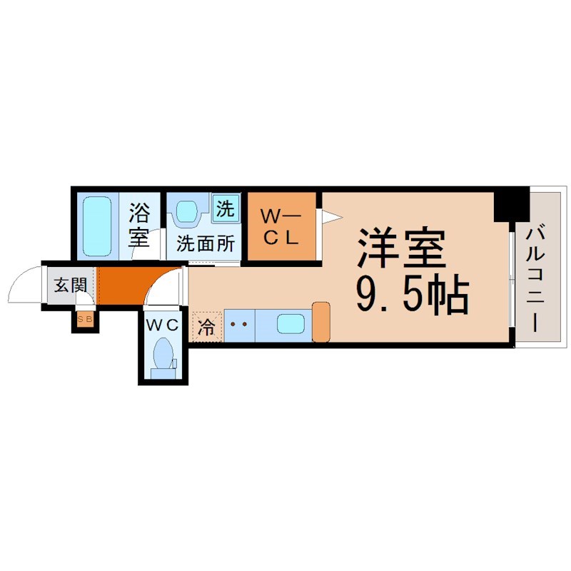 アクシア車道 間取図　洋室9.5帖　脱衣洗面所　南面バルコニー