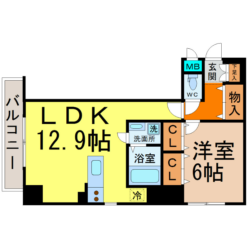 アースヒル東白壁 間取図　ＬＤＫ12.9帖　洋室6帖　脱衣洗面所　バルコニー