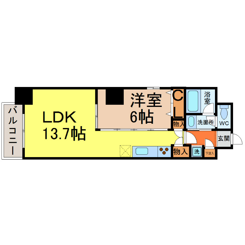 アモンフォンテーヌ 間取図　ＬＤＫ13.7帖　洋室6帖　脱衣洗面所