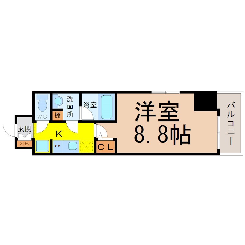 エルスタンザ徳川 間取図　洋室8.8帖　脱衣洗面所　バルコニー