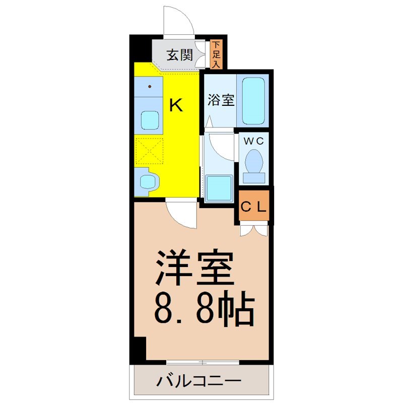 グランドゥール古出来 間取図　洋室8.8帖　脱衣所　独立洗面台　南面バルコニー