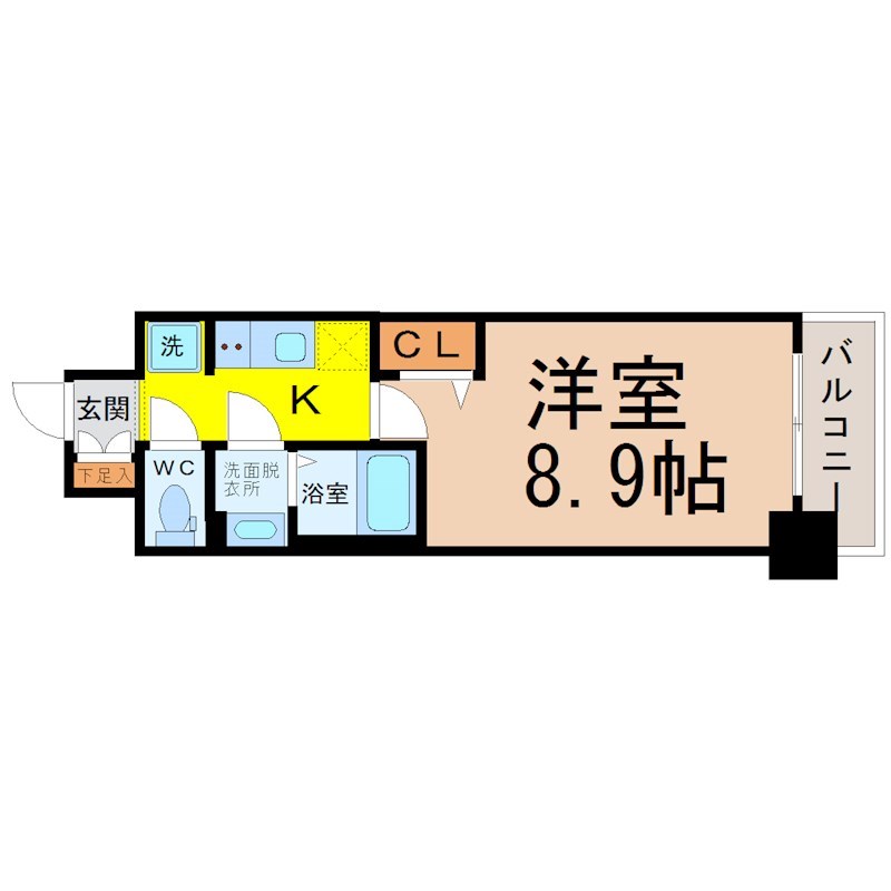 ファスティーナ志賀本通 間取図　洋室8.9帖　脱衣洗面所　クローゼット付　バルコニー