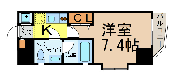 カレント新栄 間取図　洋室7.4帖　角部屋　脱衣所　バルコニー