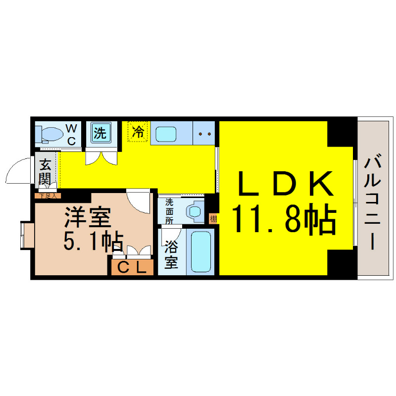 セレニティー金山 間取図　ＬＤＫ11.8帖　洋室5.1帖　バルコニー