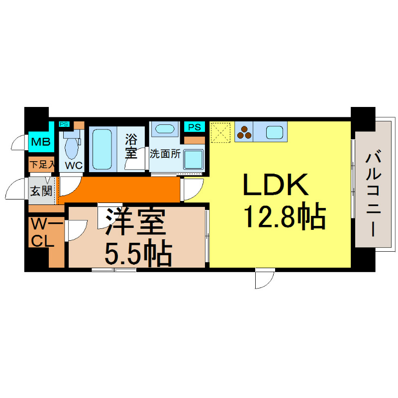 カーサミツクラ 間取図　ＬＤＫ12.8帖　洋室5.5帖