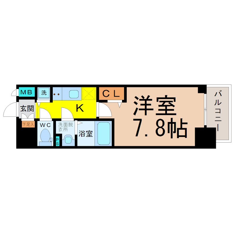 プレサンス丸の内雅殿 間取図　洋室7.8帖　脱衣洗面所　バルコニー