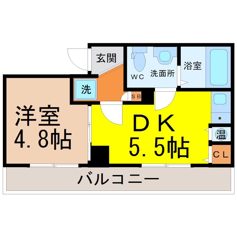 ＬａＤｏｕｃｅｕｒ新栄（ラ・ドゥセール新栄） 間取図　ＤＫ5.5帖　洋室4.8帖　脱衣洗面所　バルコニー