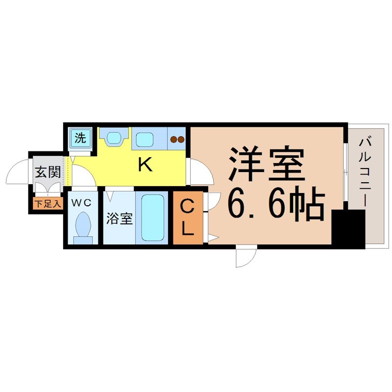 プレサンス大須観音駅前サクシード 間取図　洋室6.6帖　独立洗面台　クローゼット付　バルコニー