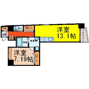 Ｎａｐａｒｔｍｅｎｔ（Ｎアパートメント） 間取り　ＬＤＫ13.1帖　洋室7.19帖　脱衣洗面所