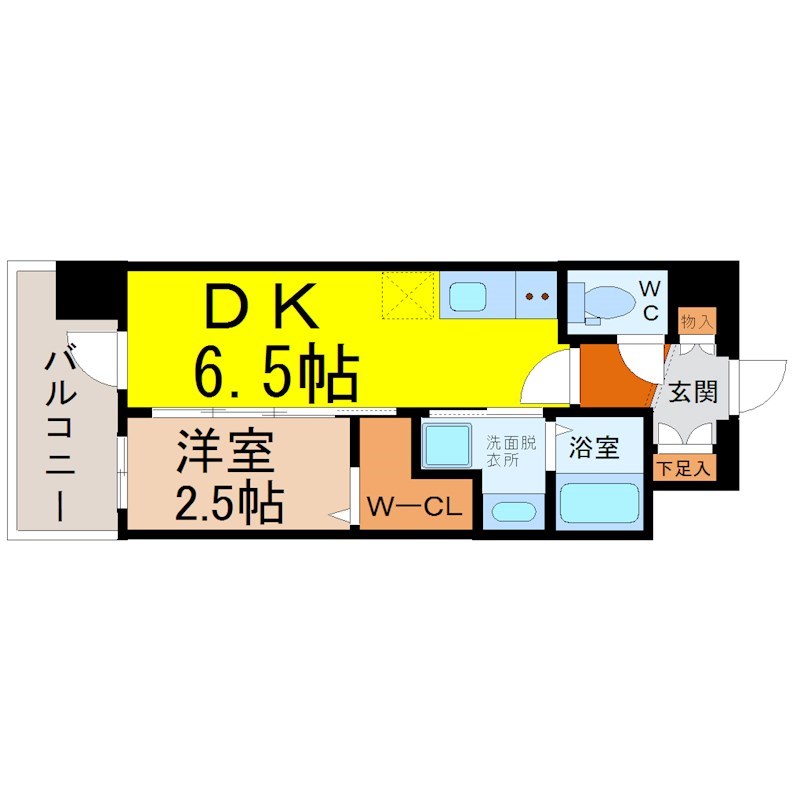 エステムコート名古屋サウスプレミオ 間取図　ＤＫ6.5帖　洋室2.5帖　脱衣洗面所　バルコニー