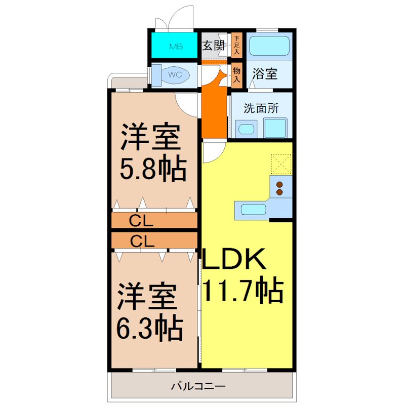 ＳＯＡＲ（ソアール） 間取図　ＬＤＫ11.7帖　Ｌ字型キッチン　南面バルコニー