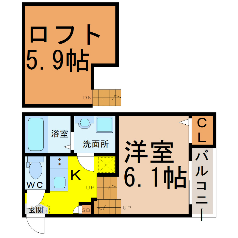Ｙ’ｓＳｑｕａｒｅ名城公園（ワイズスクエア名城公園） 間取図　洋室6.1帖　ロフト5.9帖　脱衣洗面所　バルコニー