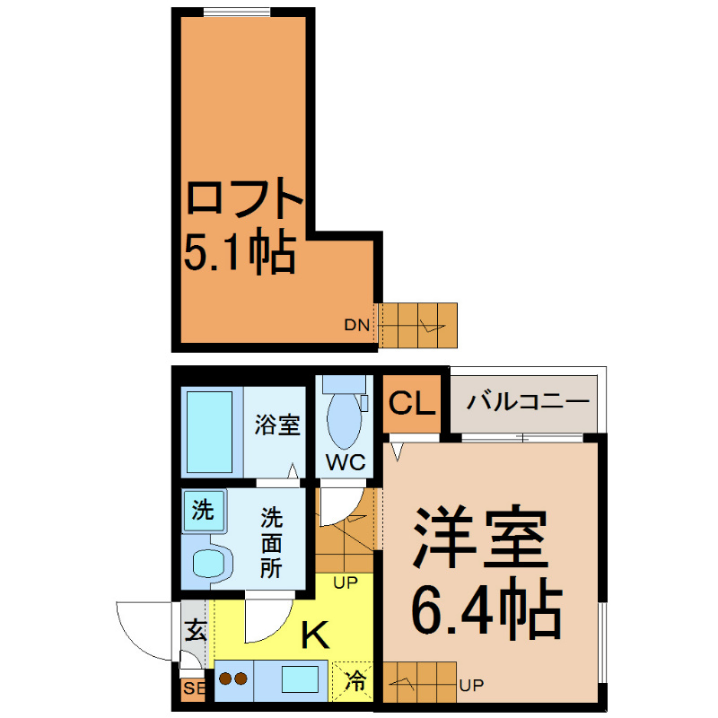 エスポワール 間取図　洋室6.4帖　ロフト5.1帖　脱衣洗面所　バルコニー
