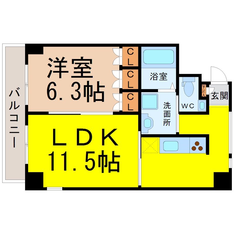 ＴＡＣＨＩＢＡＮＡ　ＢＯＸ24 間取図　ＬＤＫ11.5帖　洋室6.5帖　脱衣洗面所