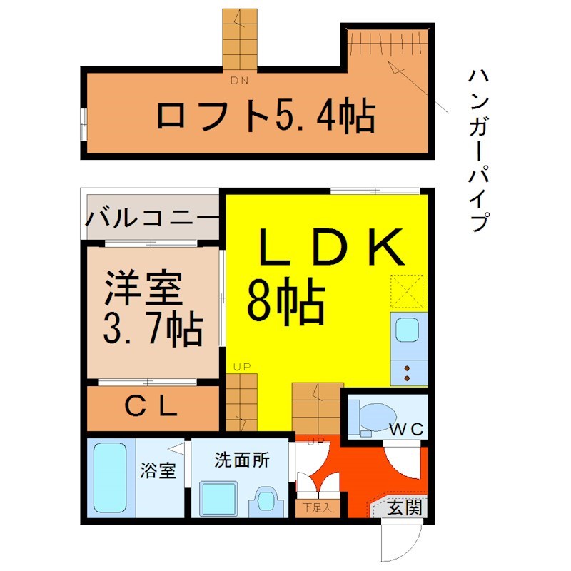 Ａｖｅｎｉｒ上前津（アヴェニール上前津） 間取り　ＬＤＫ8帖　洋室3.7帖　ロフト付　脱衣洗面所