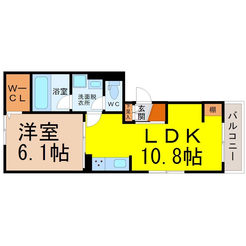 Ｄ－ｒｏｏｍ尾頭橋Ａ 間取図　ＬＤＫ10.8帖　洋室6.1帖　脱衣洗面所