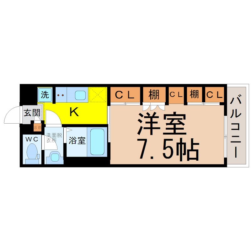 リブリ・エスペランサ大幸 間取図　洋室7.5帖　脱衣洗面所　クローゼット付