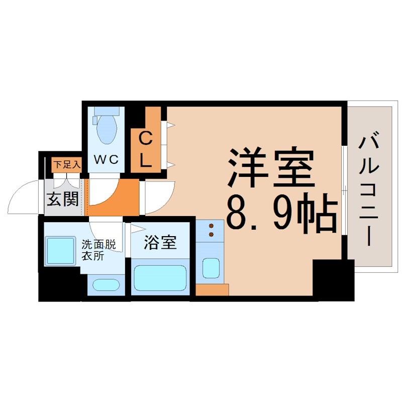 アレーヌコート新瑞橋 間取図　洋室8.9帖　脱衣洗面所　クローゼット付　バルコニー