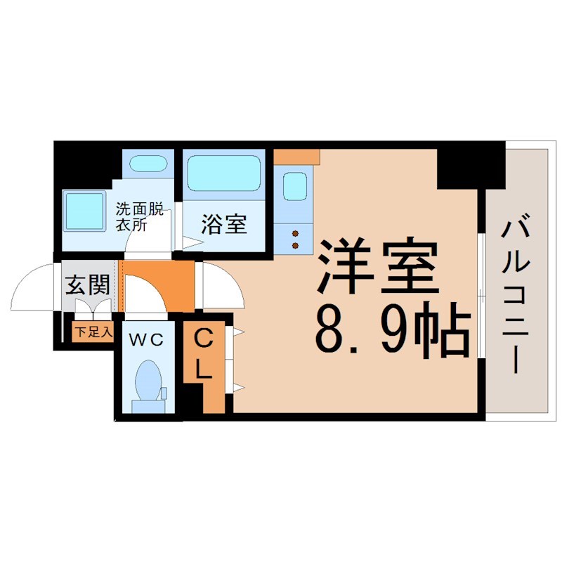 アレーヌコート新瑞橋 間取図　洋室8.9帖　脱衣洗面所　クローゼット付　バルコニー