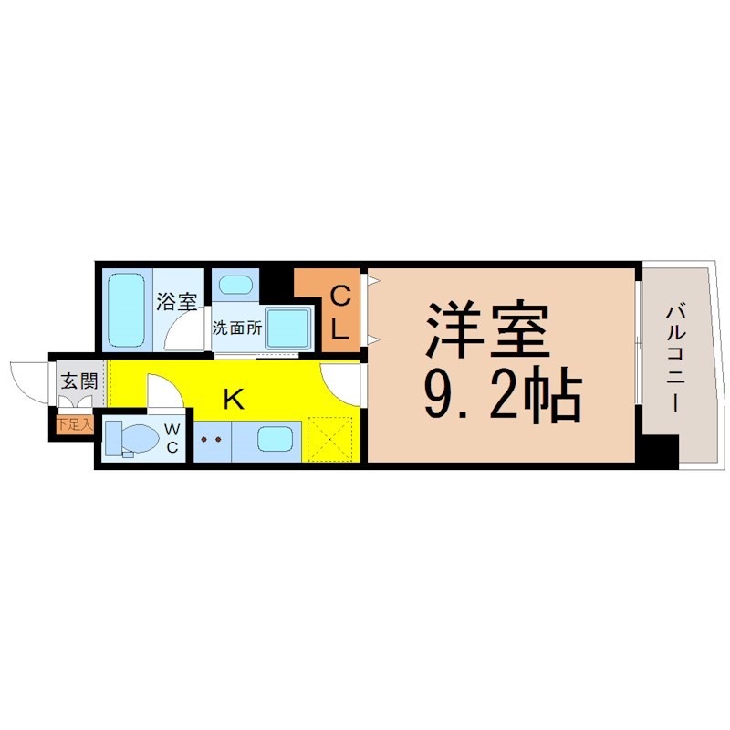 千種アヴァンギャルドプレイス 間取図　洋室9.2帖　脱衣洗面所　南面バルコニー