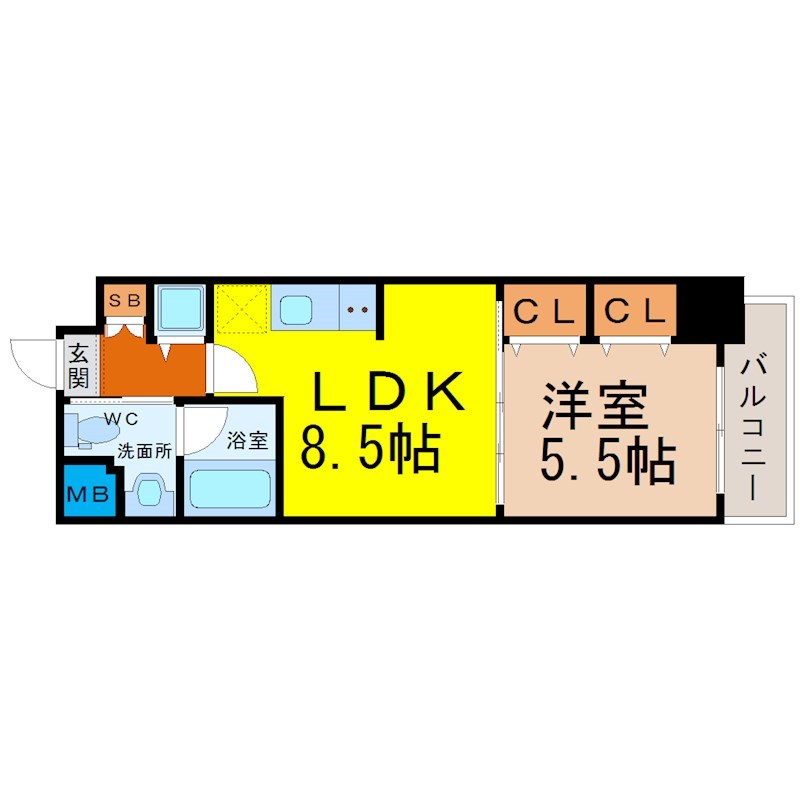 プラウランド堀田 間取図　ＬＤＫ8.5帖　洋室5.5帖　脱衣洗面所　バルコニー