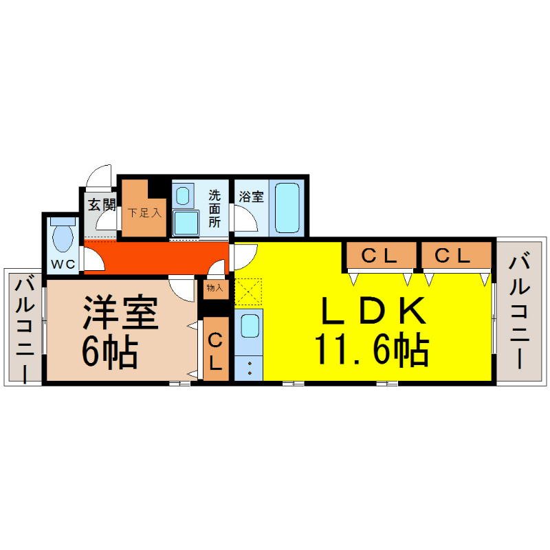 グランシャトゥ那古野 間取図　ＬＤＫ11.6帖　洋室6帖　脱衣洗面所　バルコニー