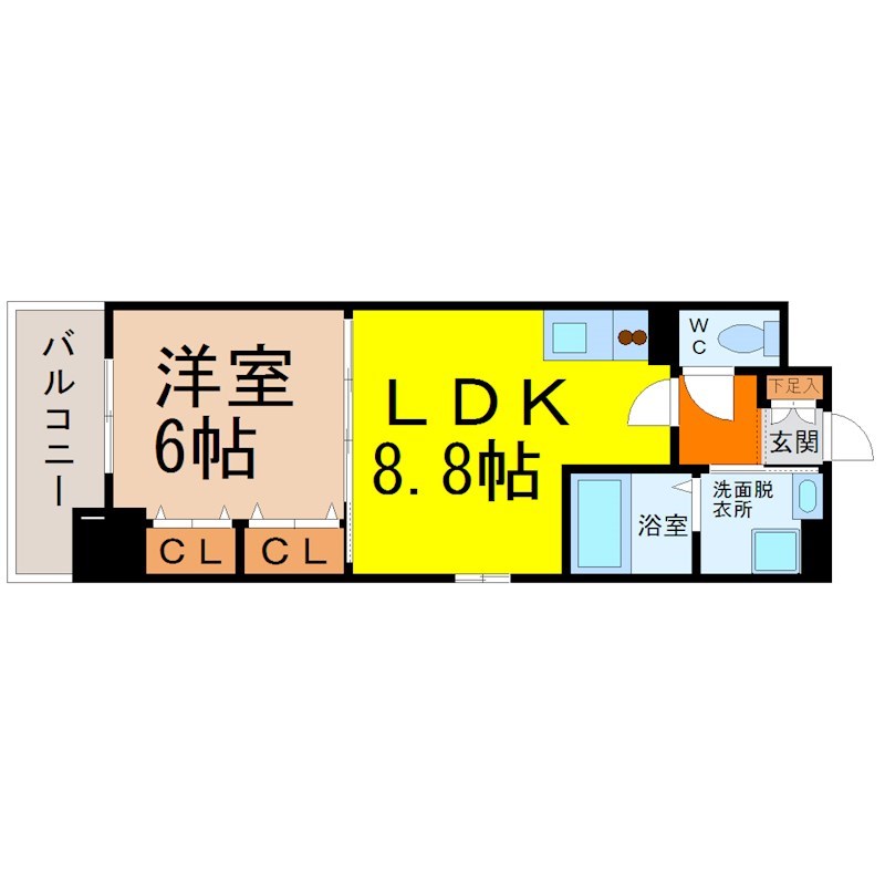 ランドルチェ大須 間取図　ＬＤＫ8.8帖　洋室6帖　脱衣洗面所　バルコニー