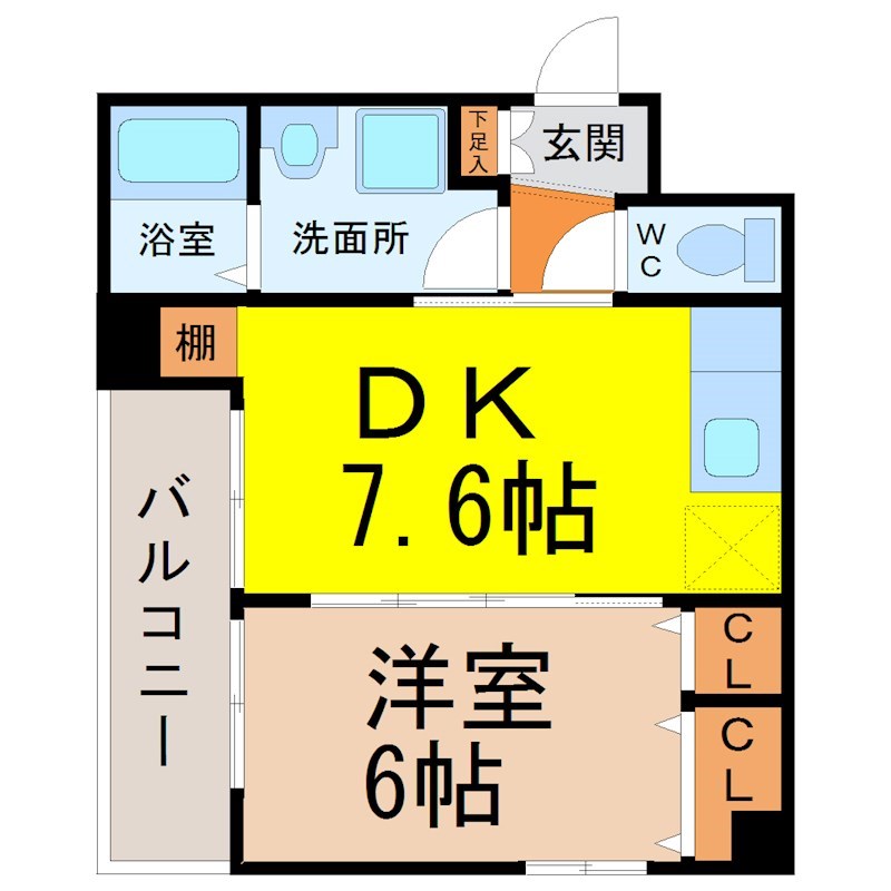 ガーディアン白金 間取図　ＤＫ7.6帖　洋室6帖　脱衣洗面所　バルコニー