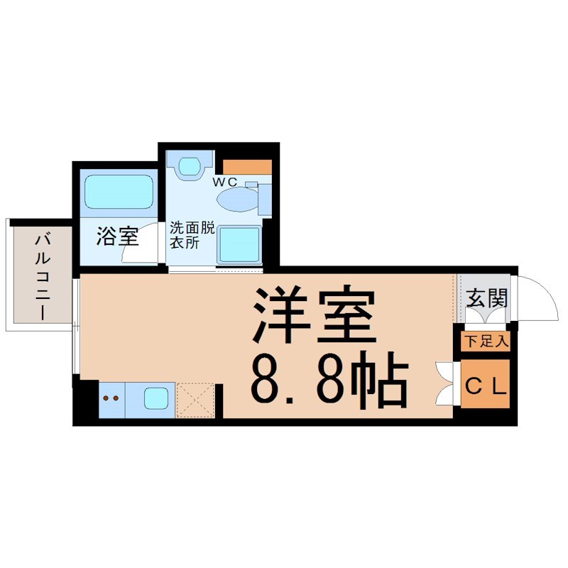 Ｃｏｍｆｏｒｔ金山 間取図　洋室8.8帖　脱衣洗面所　クローゼット付