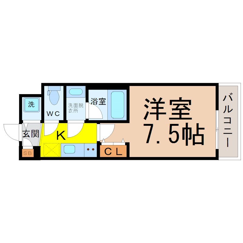 ブランシエスタ東別院 間取図　洋室7.5帖　脱衣洗面所　クローゼット付　バルコニー