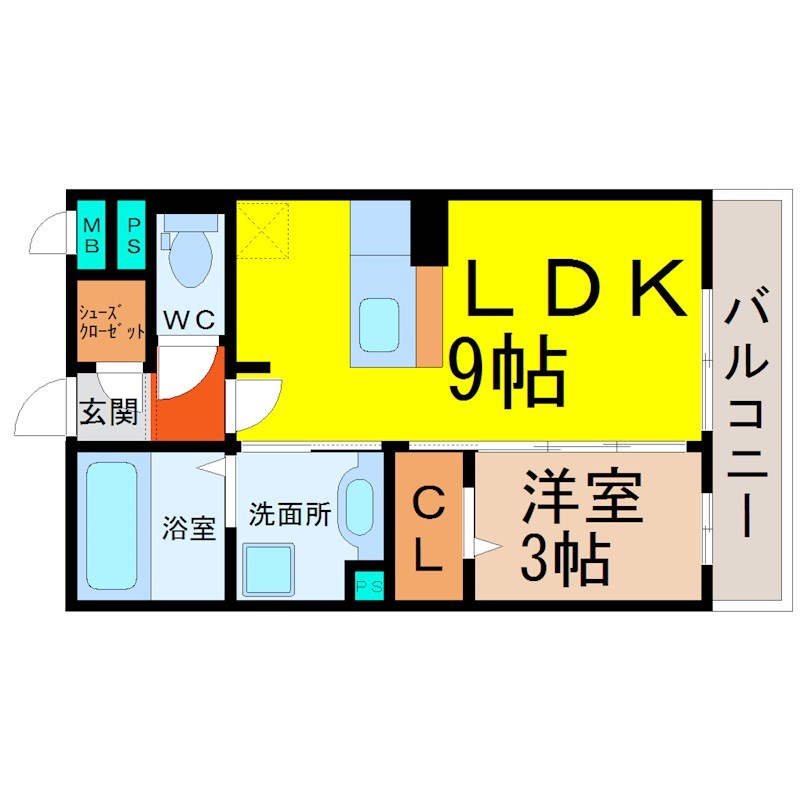 ヴィオーラ八番Ａ 間取図　ＬＤＫ9帖　洋室3帖　全室南向き　バルコニー