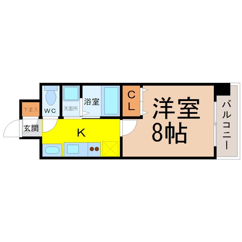 ＷｉｌｌＤｏ東別院（ウィルドゥ東別院） 間取図　洋室8帖　独立洗面台　脱衣所　バルコニー