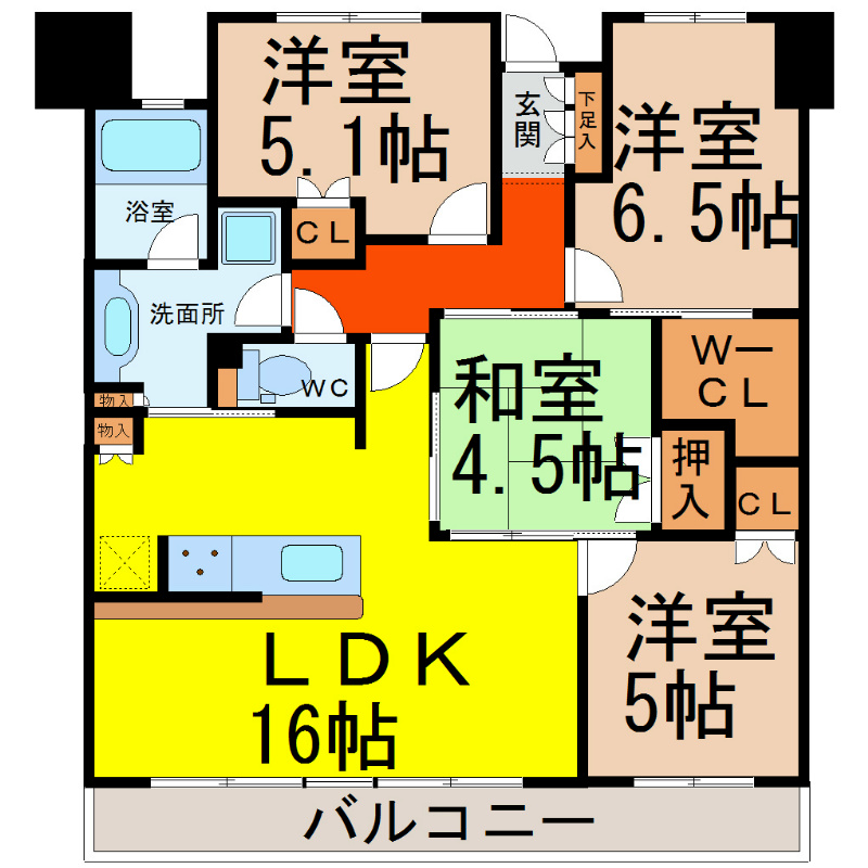 パークアクシス金山ＷＥＳＴ 間取　リビング16帖　ウォークインクローゼット　脱衣洗面所