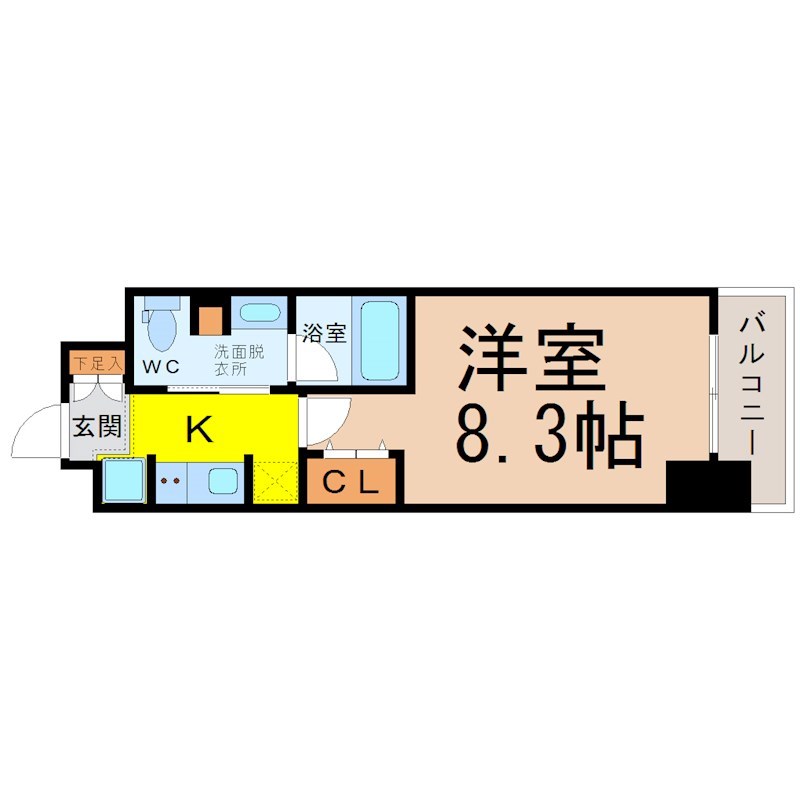 パークアクシス名古屋山王 間取り　洋室8.3帖　脱衣洗面所　バルコニー