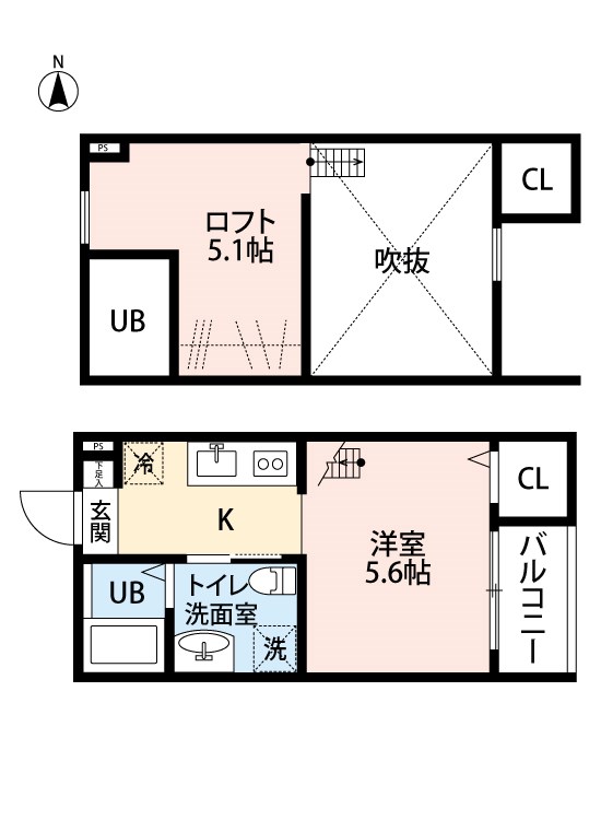 ヒルブライトン 間取図　洋室5.6帖　ロフト5.1帖　脱衣洗面所　バルコニー