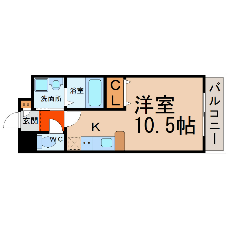 ソラナ平安 間取り　洋室10.5帖　脱衣洗面所　南面バルコニー