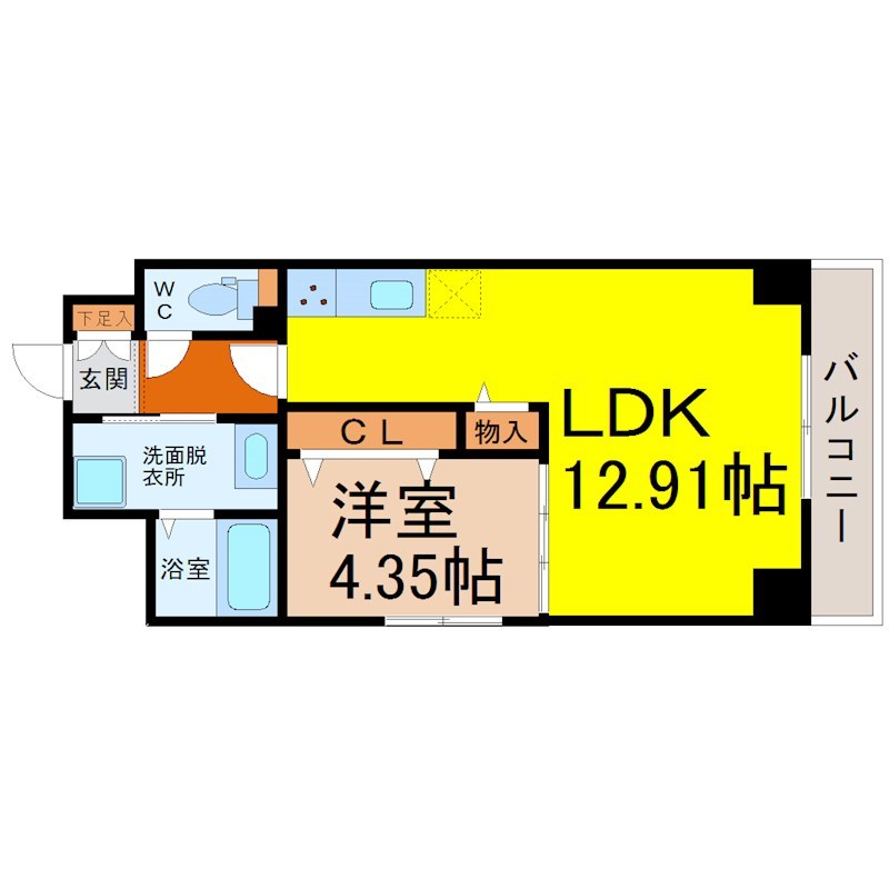 ＧＲＡＮＤＵＫＥ千代田ｒｅｇａｒｉａ 間取り　ＬＤＫ12.9帖　洋室4.3帖　脱衣洗面所