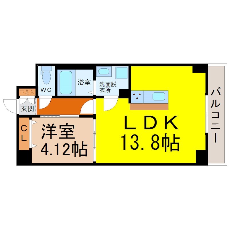 ＧＲＡＮＤＵＫＥ千代田ｒｅｇａｒｉａ 間取り　ＬＤＫ13.8帖　洋室4.1帖　脱衣洗面所