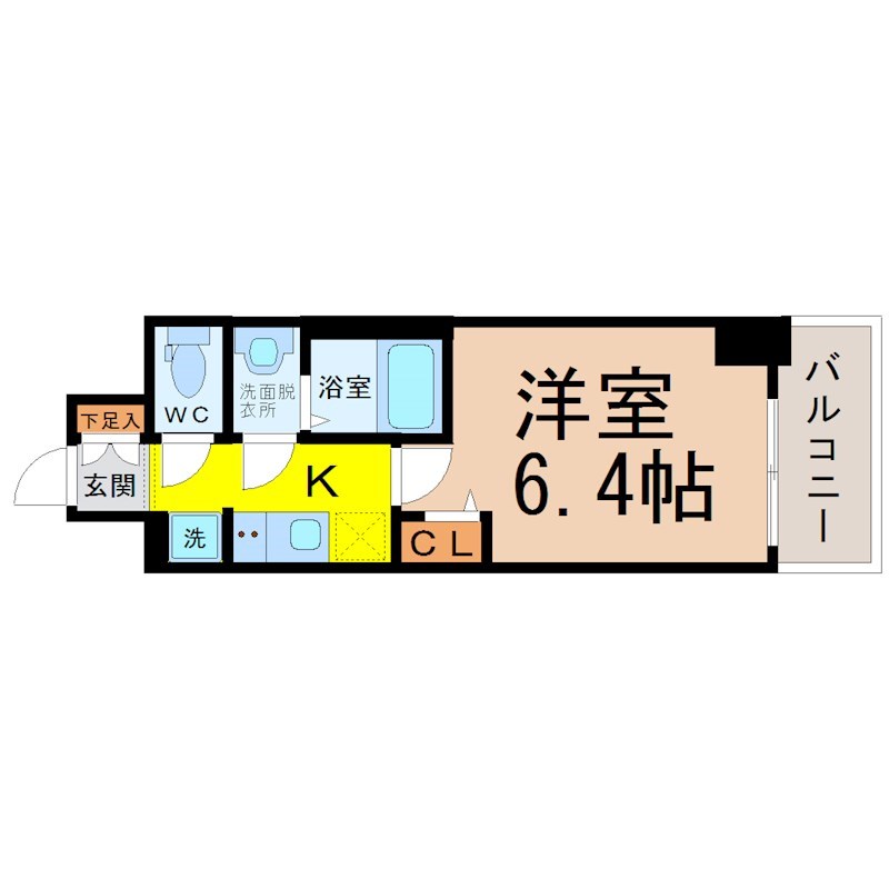ファステート東別院シュプール 間取図　洋室6.4帖　脱衣洗面所　クローゼット付　バルコニー