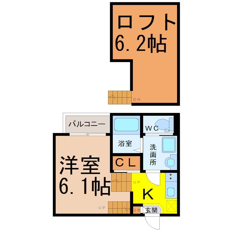 ヴィーナスヒル金山 間取図　洋室6.1帖　ロフト6.2帖　脱衣洗面所　バルコニー